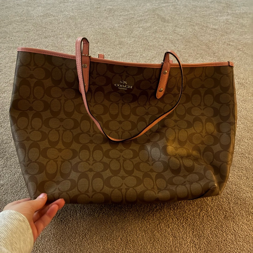 Coach Brown Signature Tote with Pink Trim